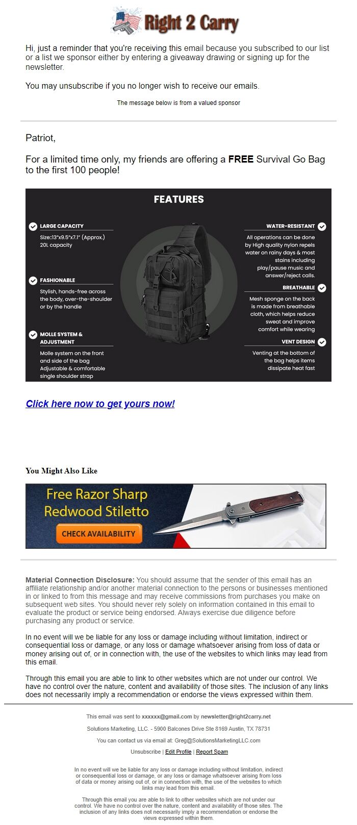 Screenshot of the email generated on import