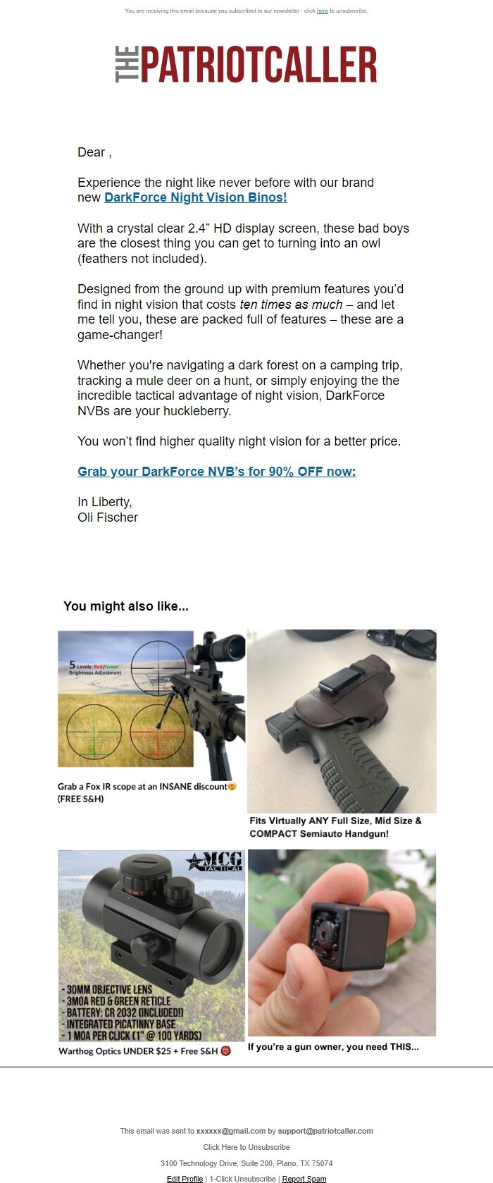 Screenshot of the email generated on import