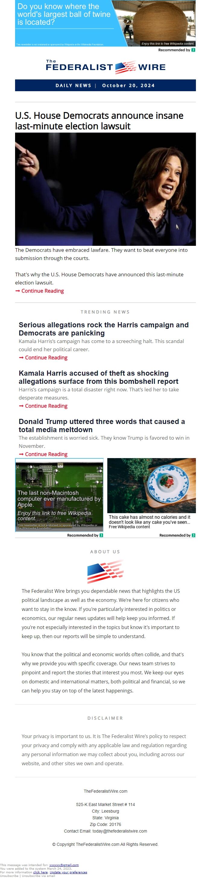 Screenshot of the email generated on import