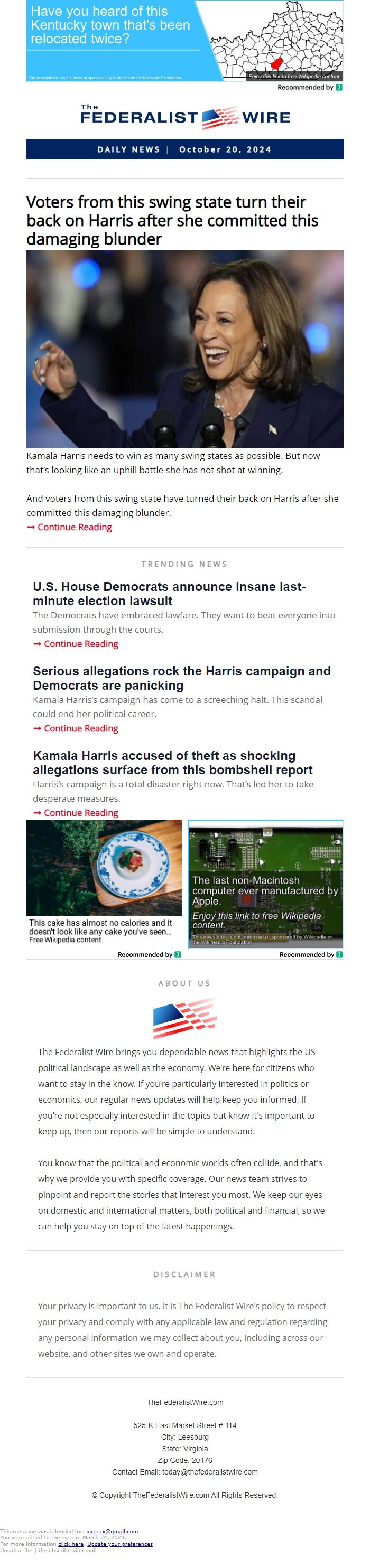 Screenshot of the email generated on import