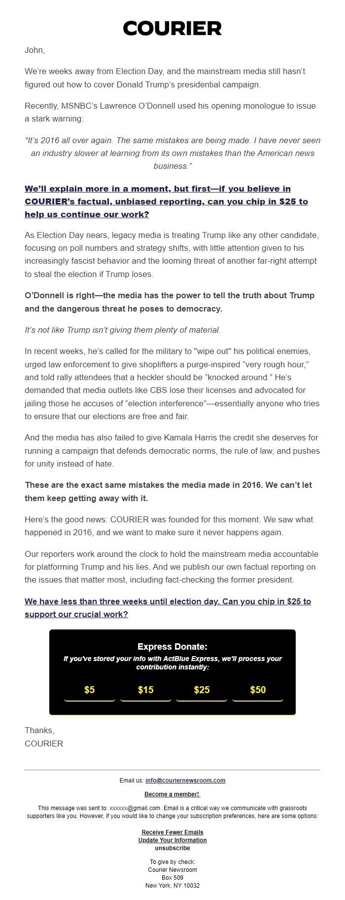 Screenshot of the email generated on import