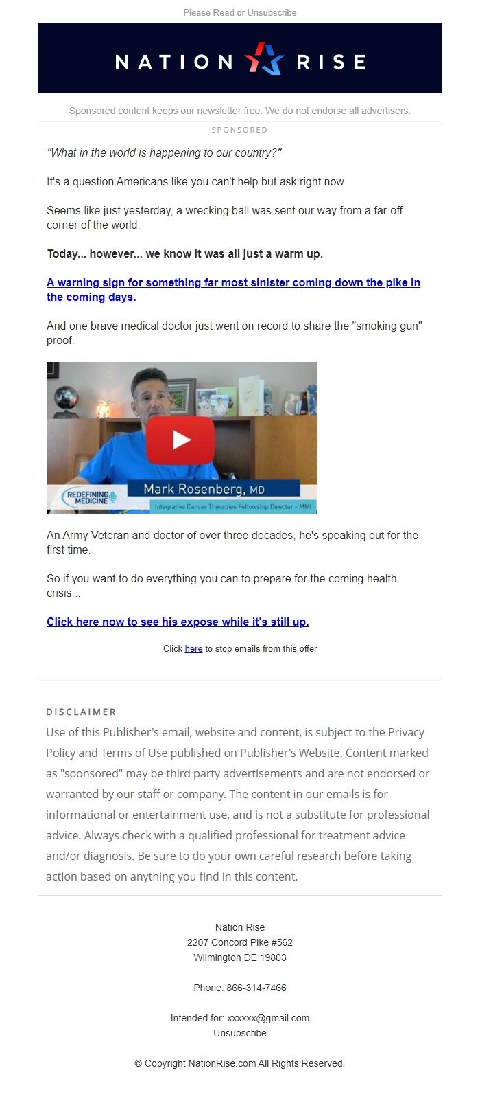 Screenshot of the email generated on import