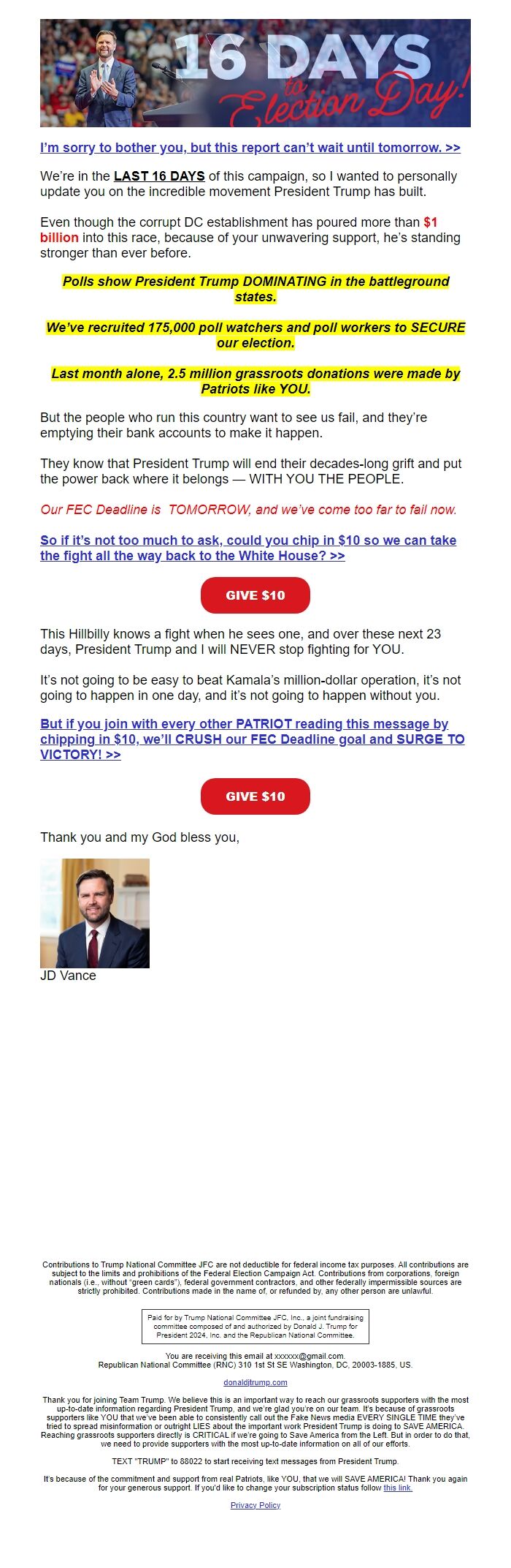 Screenshot of the email generated on import