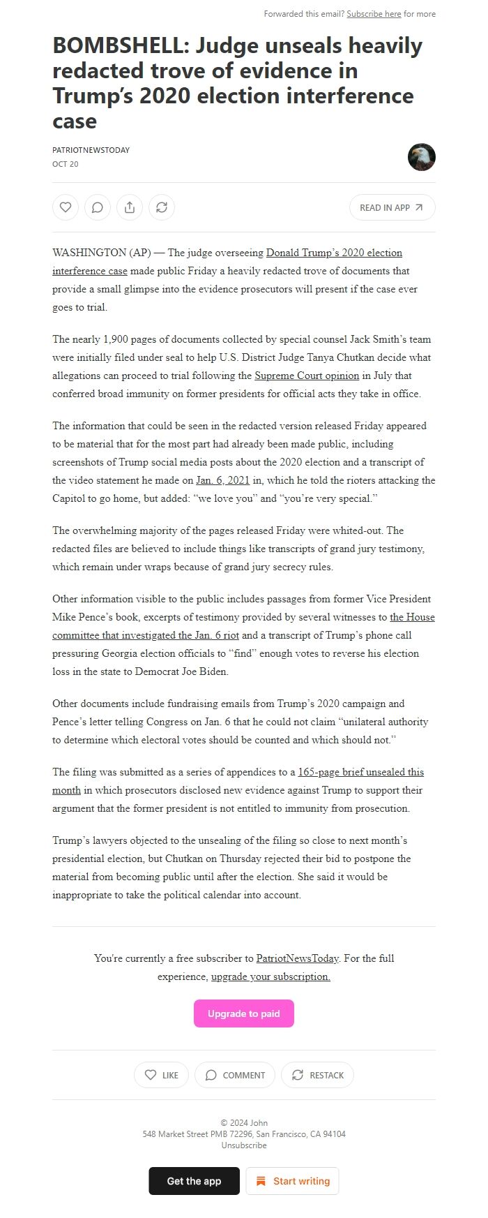 Screenshot of the email generated on import