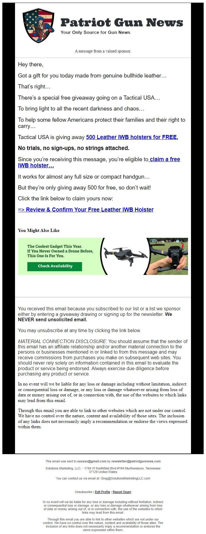 Screenshot of the email generated on import