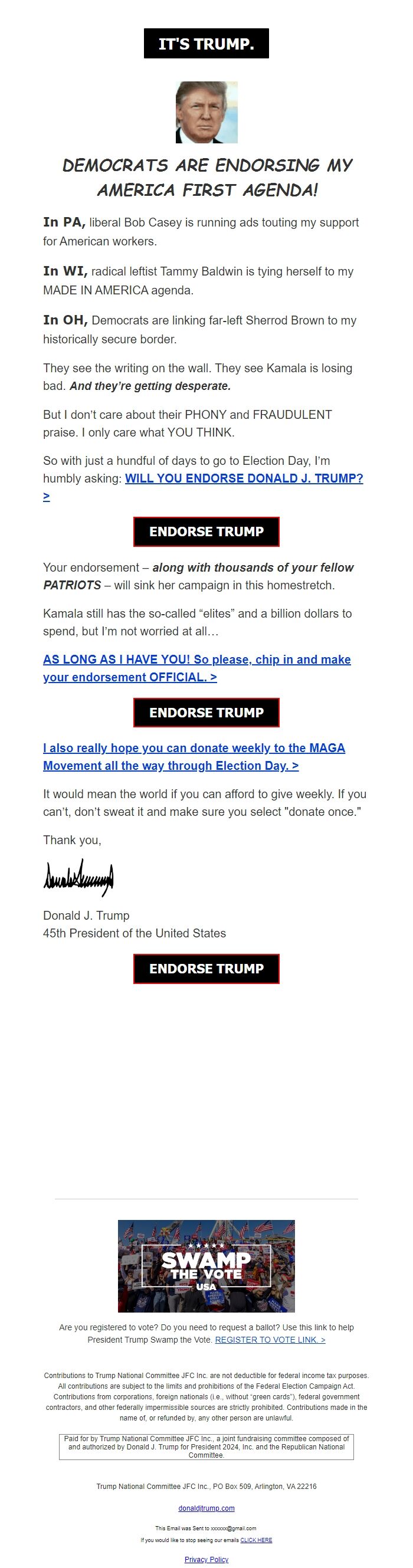 Screenshot of the email generated on import