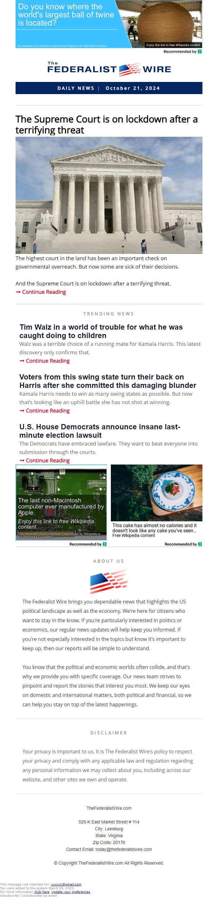 Screenshot of the email generated on import