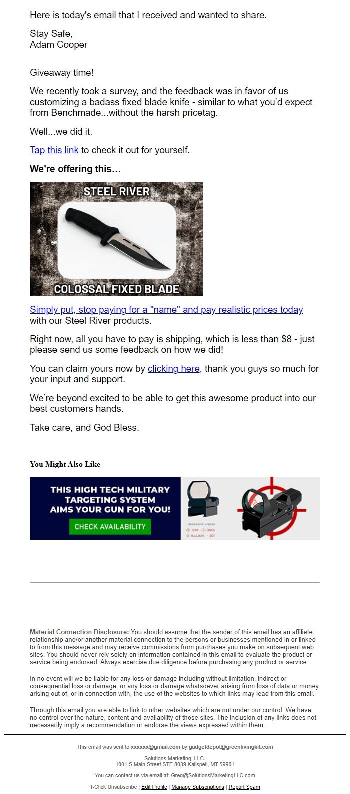 Screenshot of the email generated on import