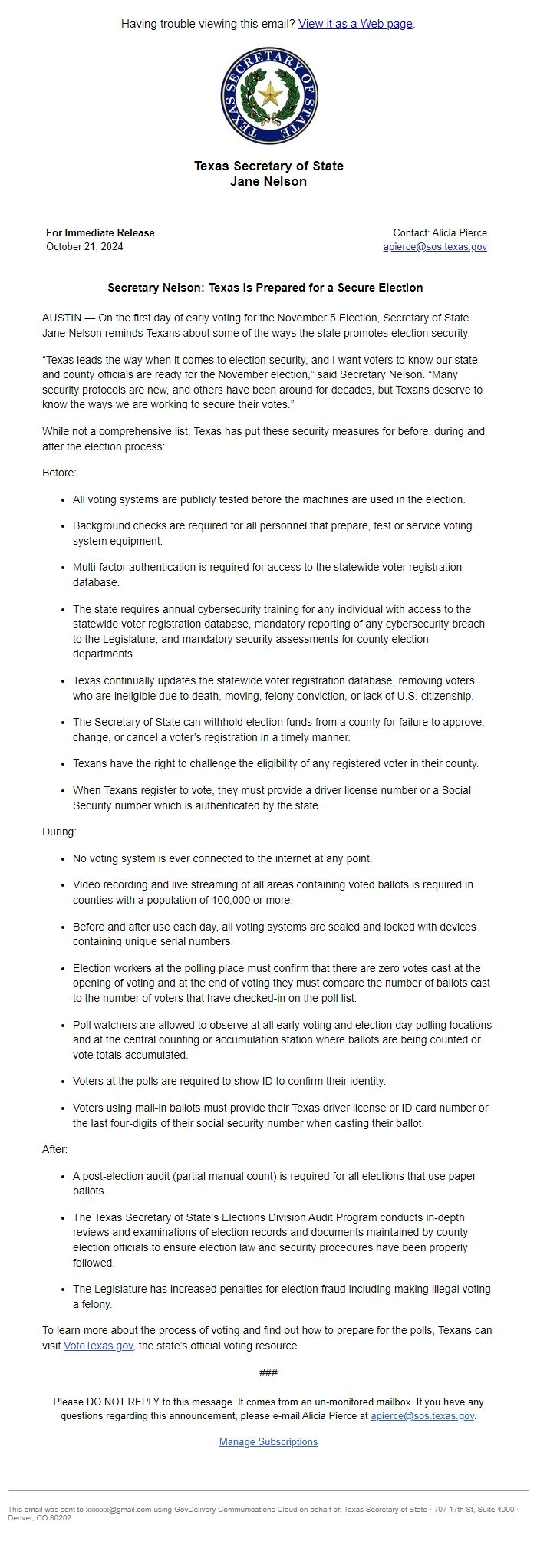 Screenshot of the email generated on import