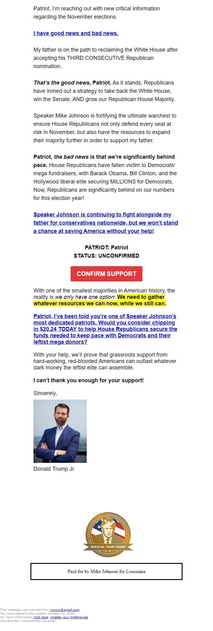 Screenshot of the email generated on import