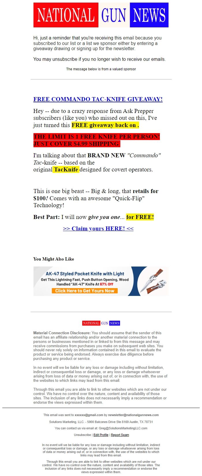 Screenshot of the email generated on import