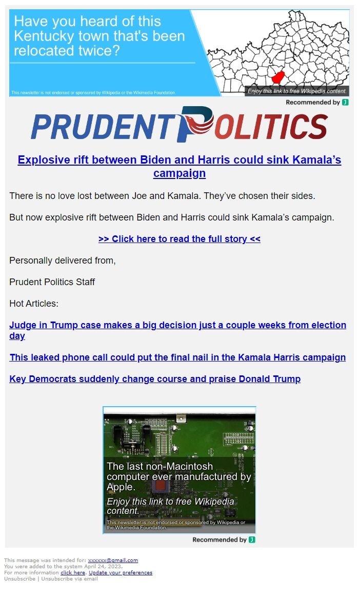 Screenshot of the email generated on import