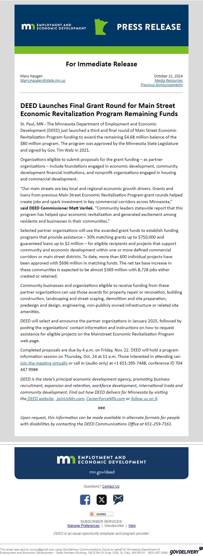 Screenshot of the email generated on import