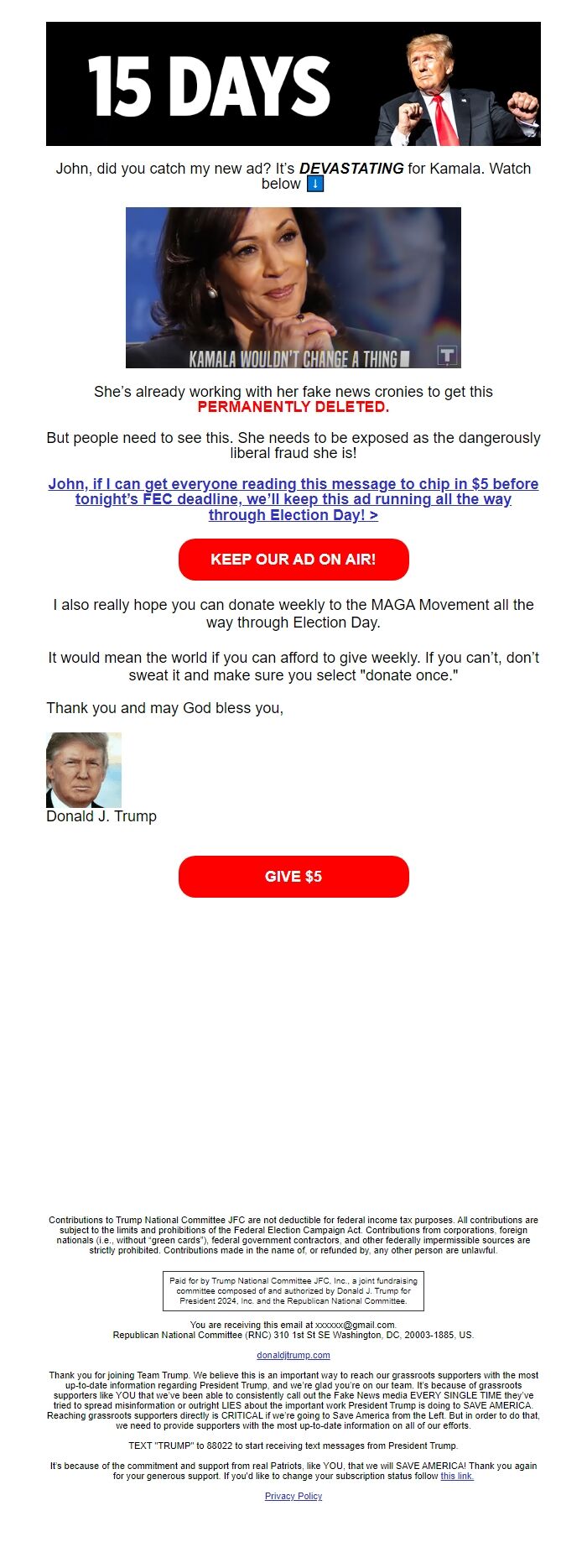 Screenshot of the email generated on import