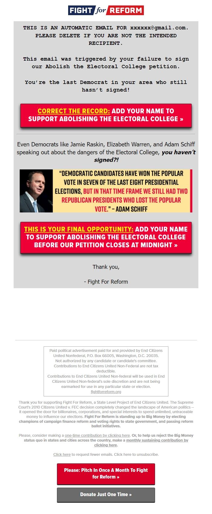 Screenshot of the email generated on import