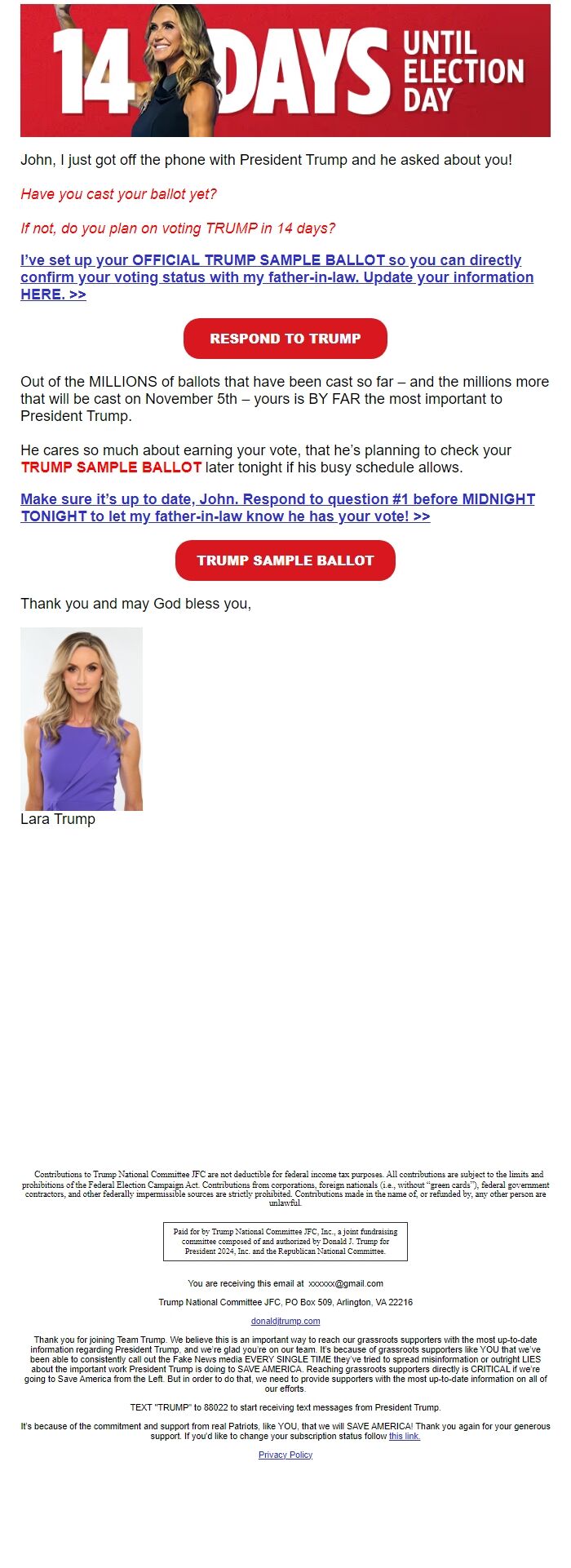 Screenshot of the email generated on import