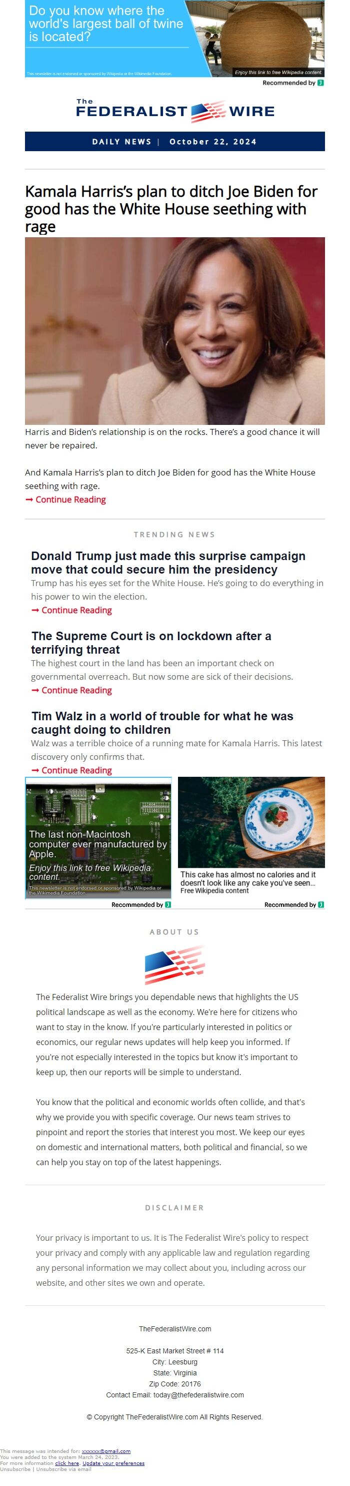 Screenshot of the email generated on import