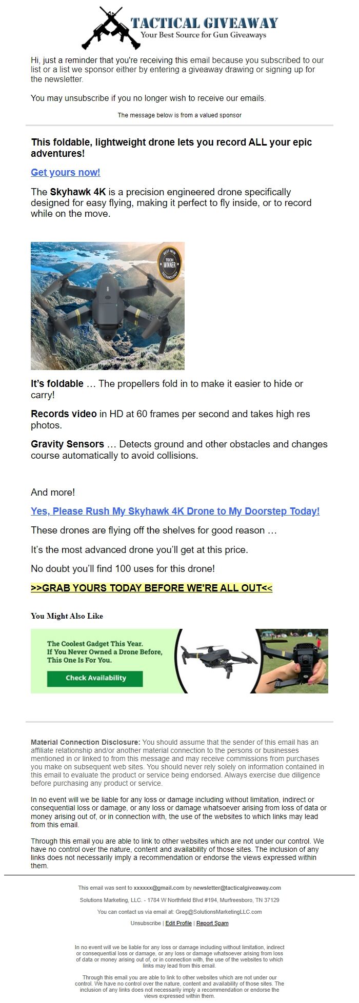 Screenshot of the email generated on import