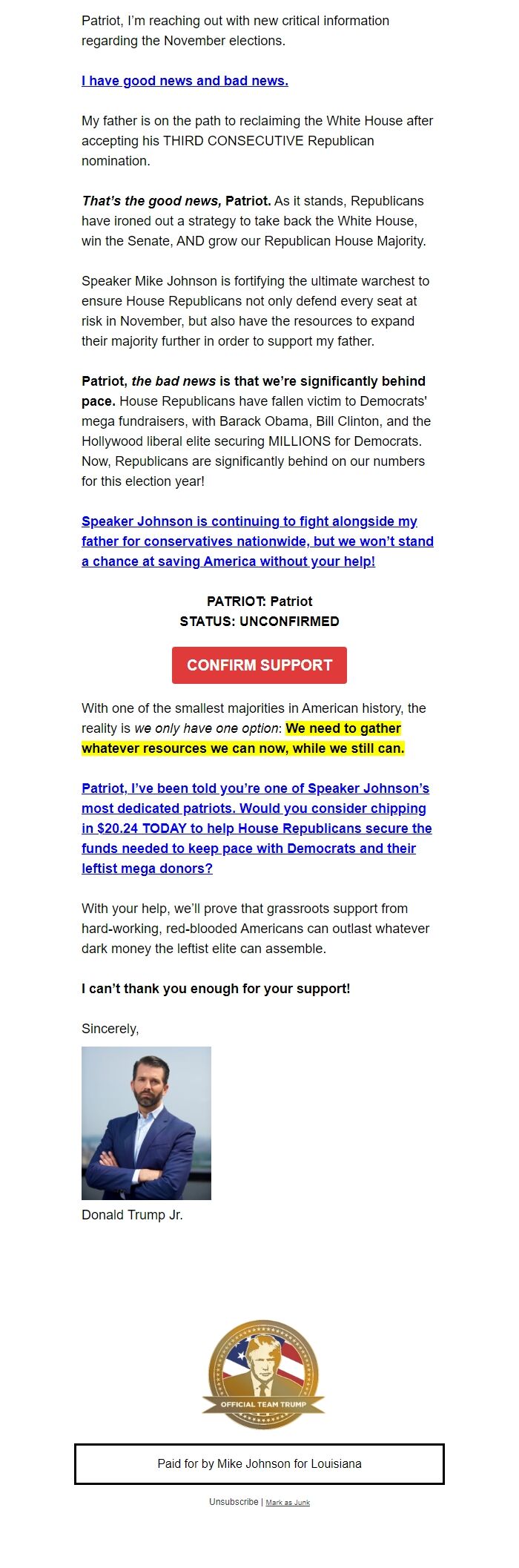 Screenshot of the email generated on import