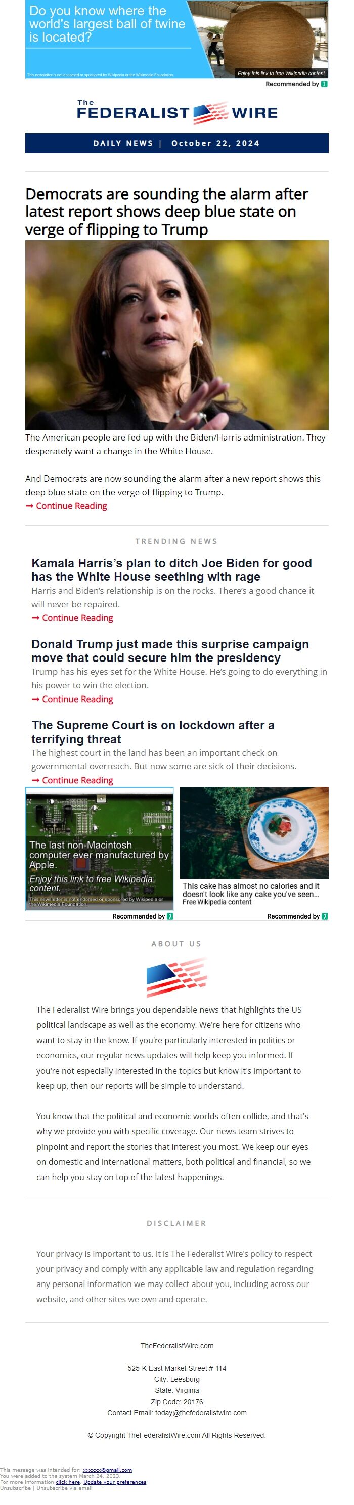 Screenshot of the email generated on import