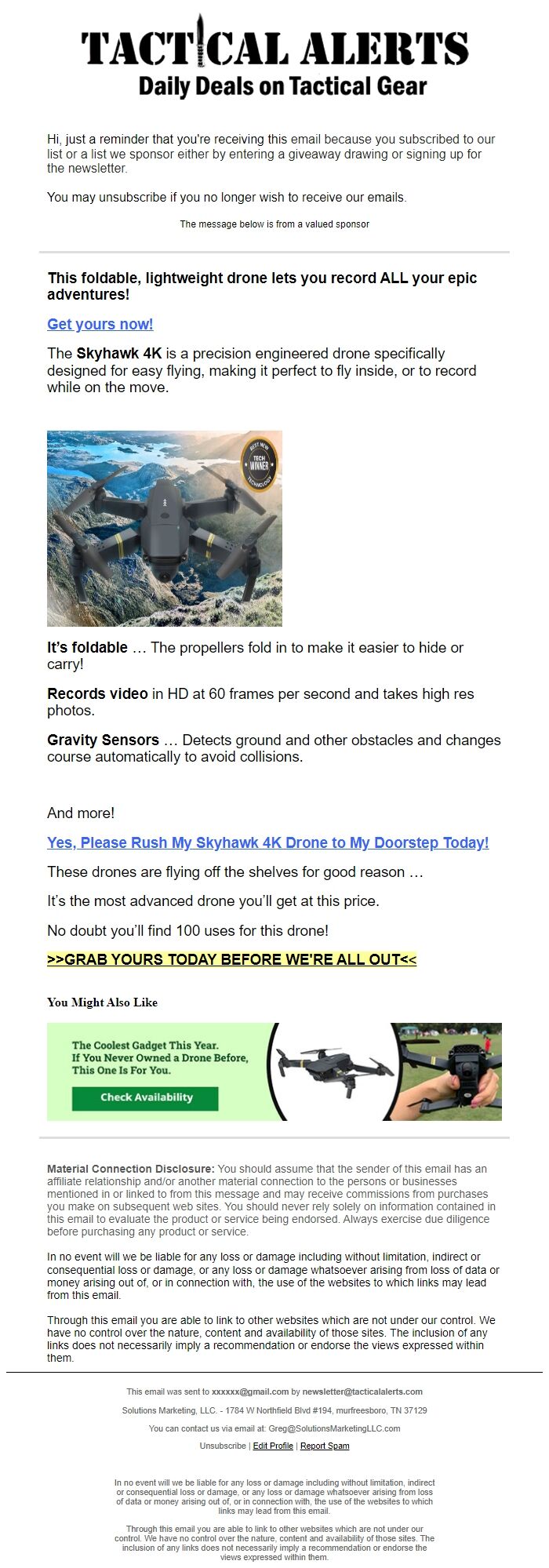 Screenshot of the email generated on import