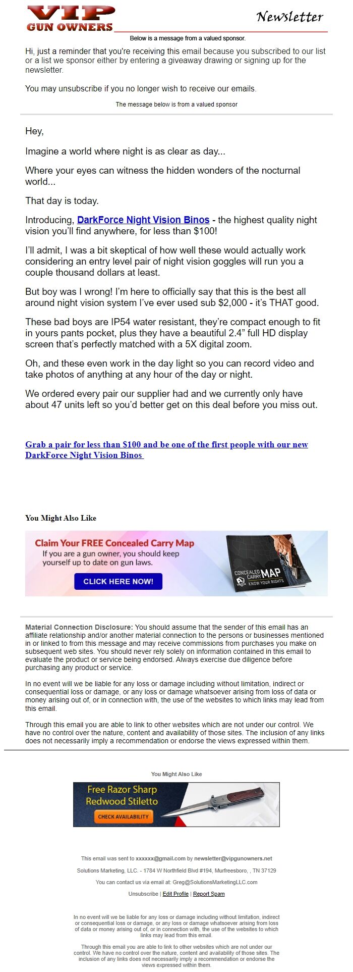 Screenshot of the email generated on import