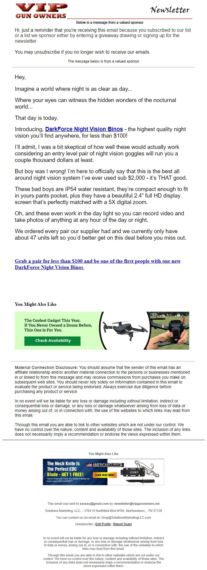 Screenshot of the email generated on import