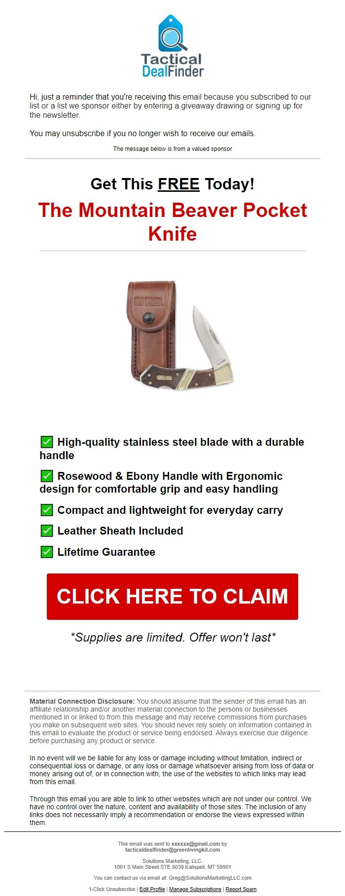 Screenshot of the email generated on import