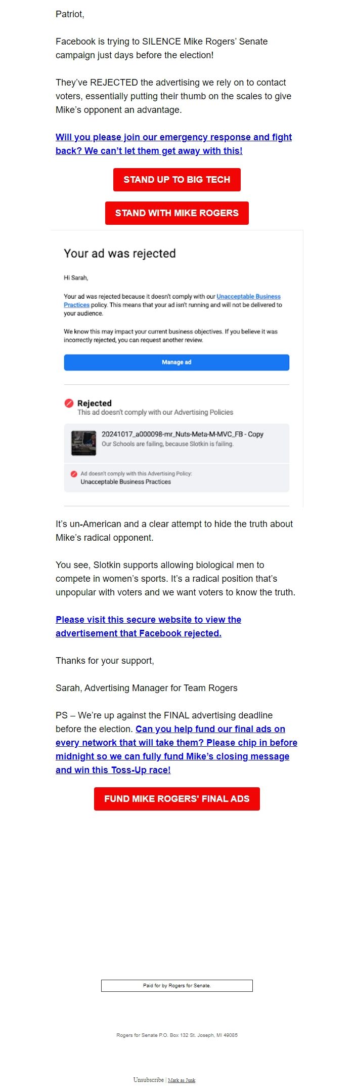 Screenshot of the email generated on import