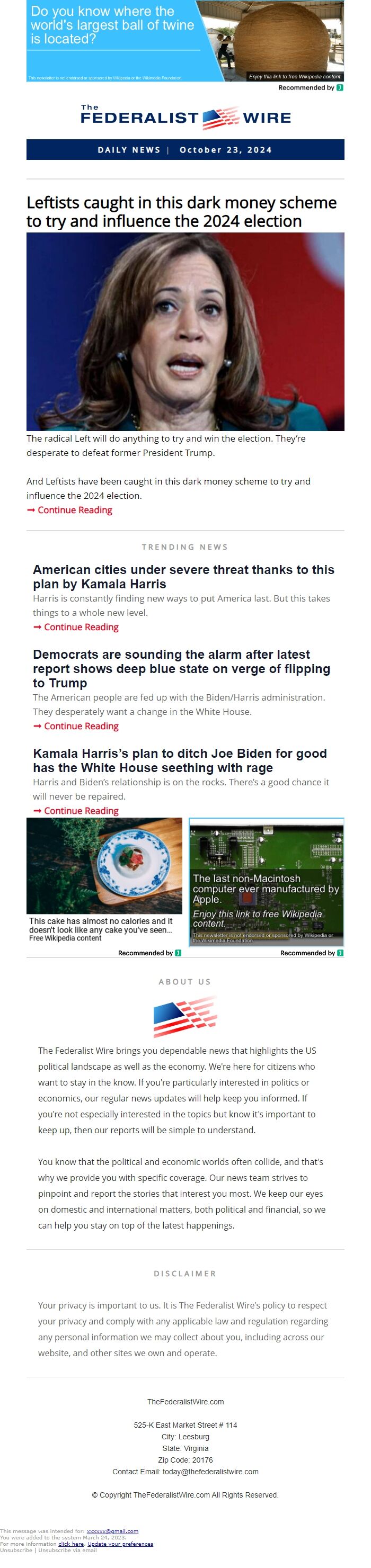 Screenshot of the email generated on import