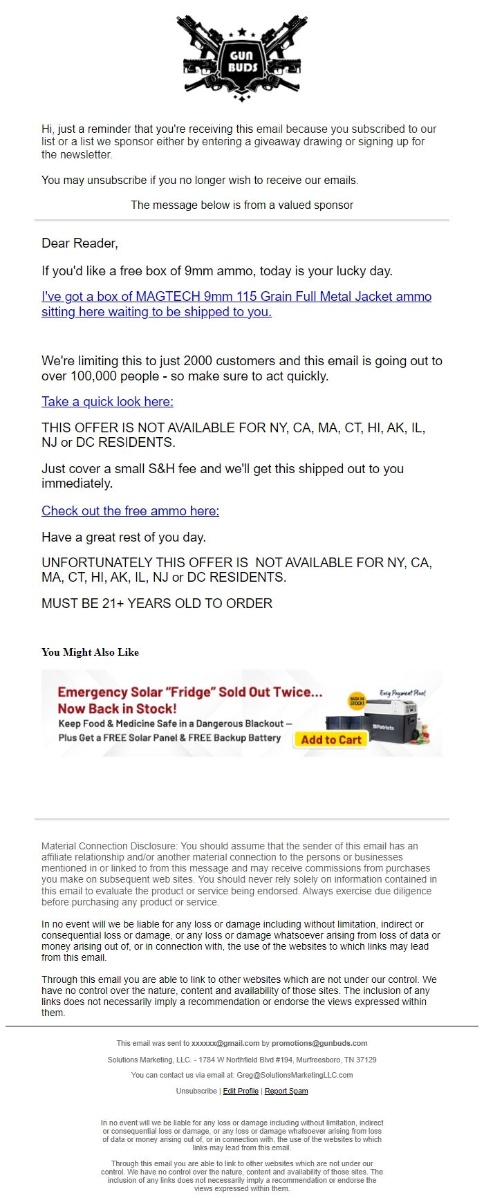 Screenshot of the email generated on import