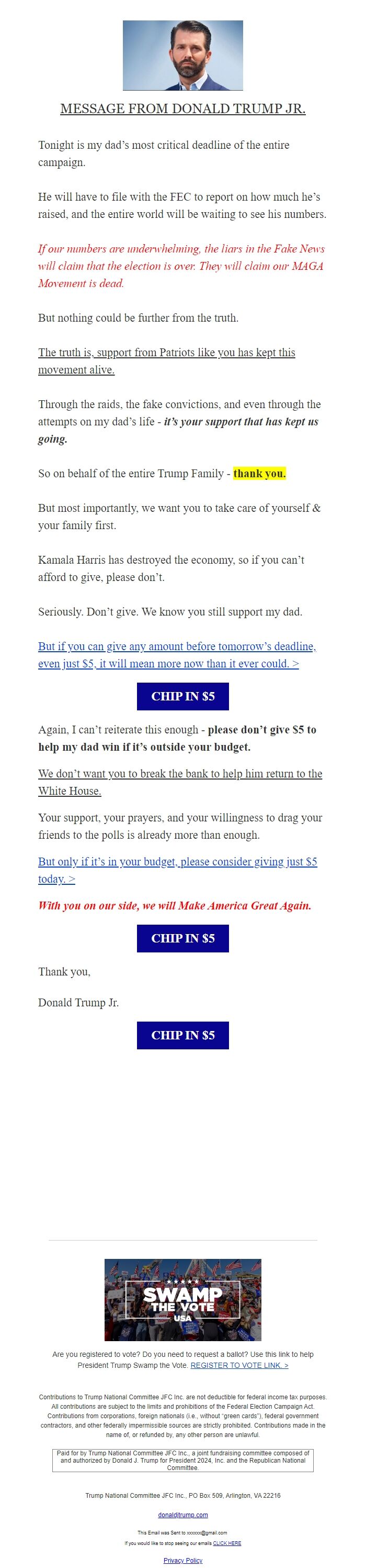 Screenshot of the email generated on import