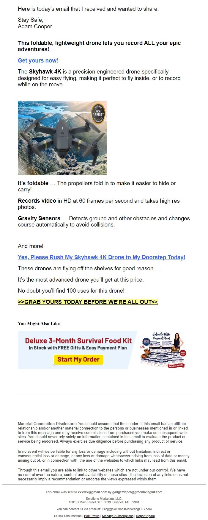 Screenshot of the email generated on import