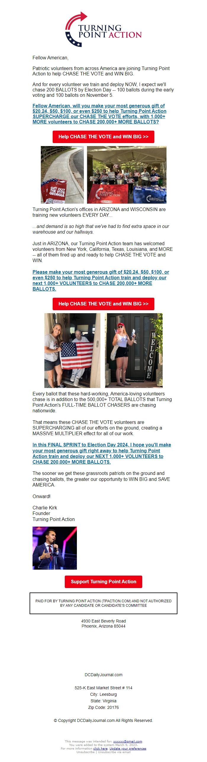 Screenshot of the email generated on import