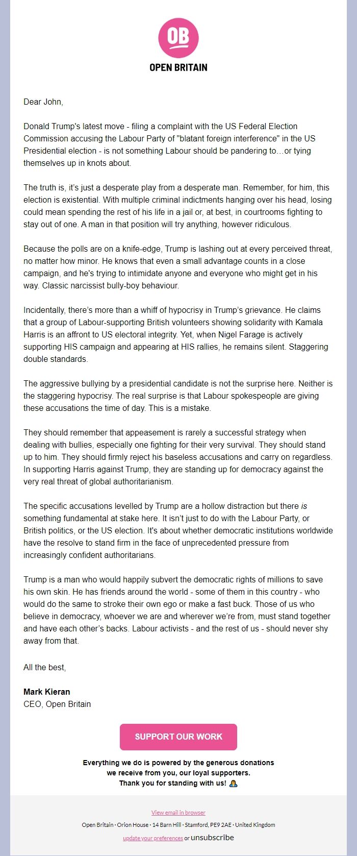 Screenshot of the email generated on import