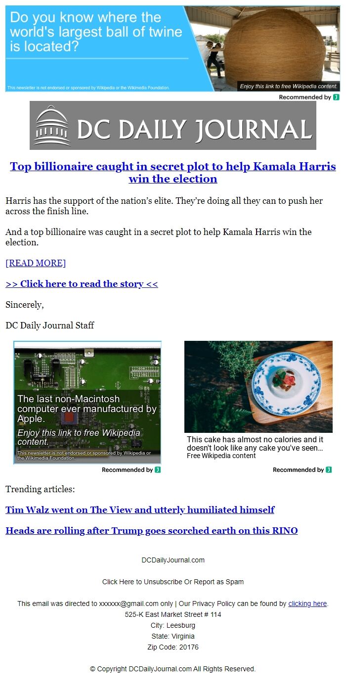 Screenshot of the email generated on import