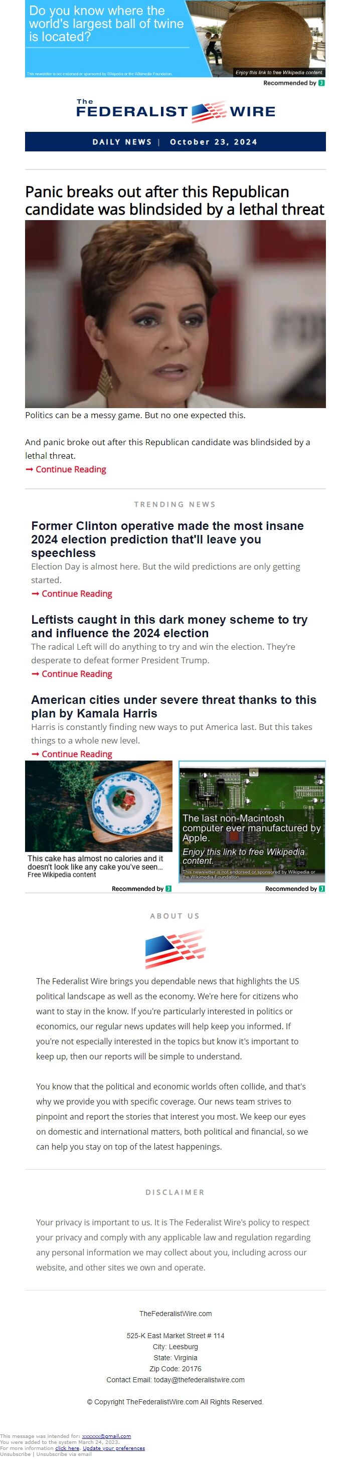 Screenshot of the email generated on import