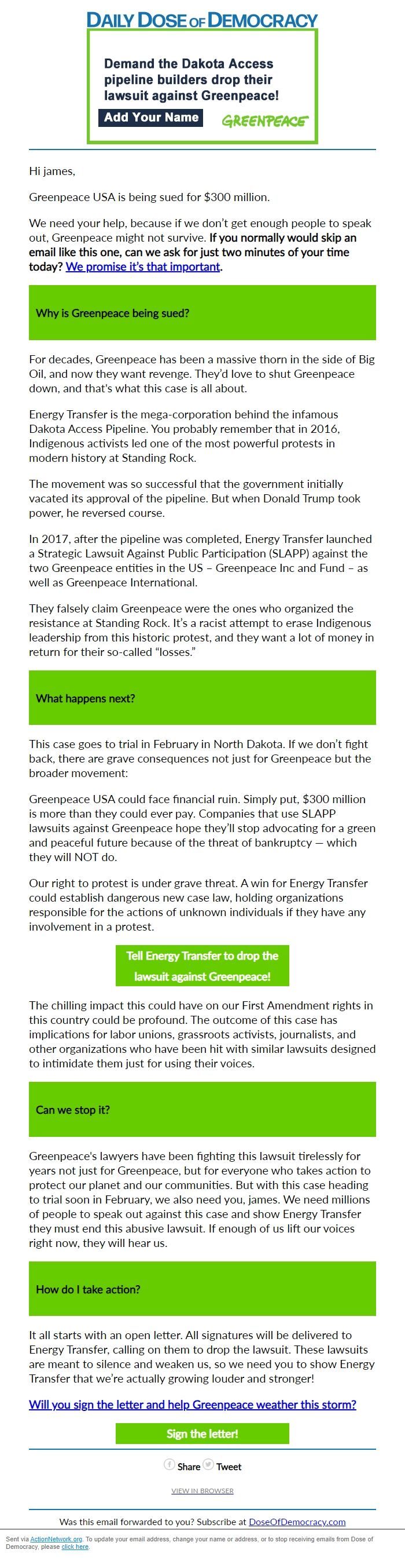 Screenshot of the email generated on import
