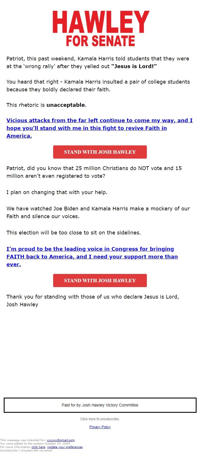 Screenshot of the email generated on import