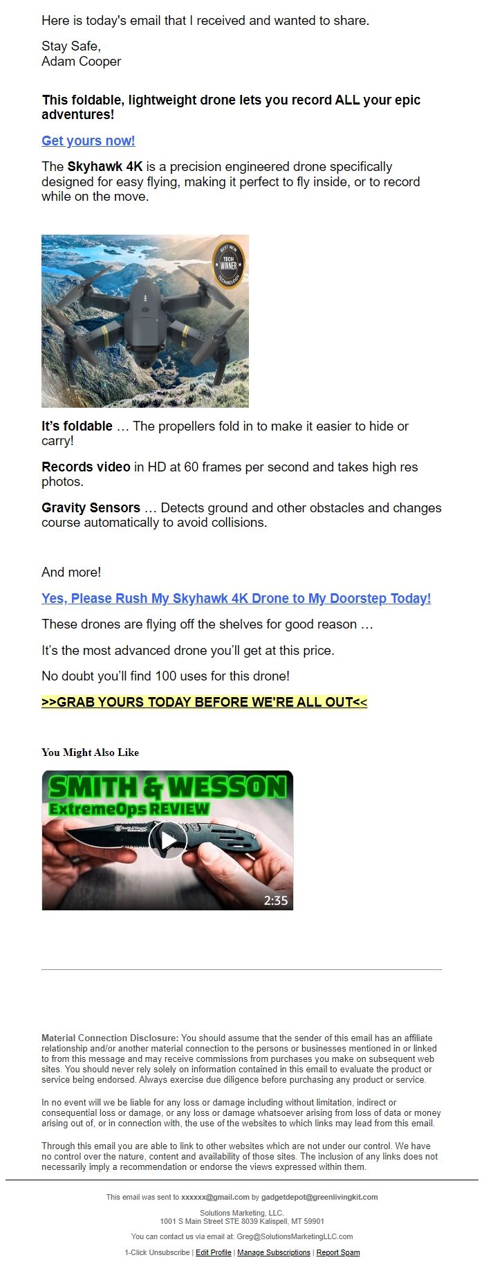 Screenshot of the email generated on import