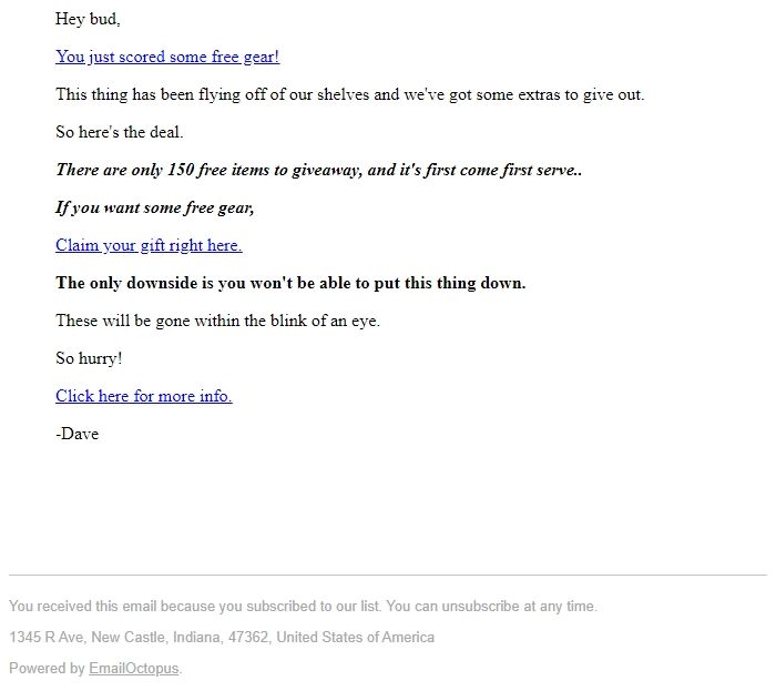 Screenshot of the email generated on import