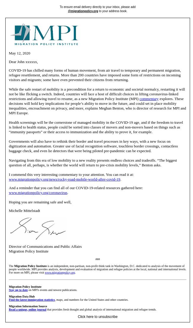 Screenshot of the email generated on import
