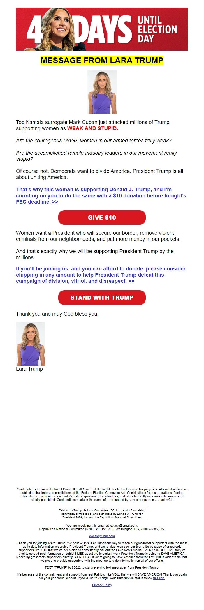 Screenshot of the email generated on import
