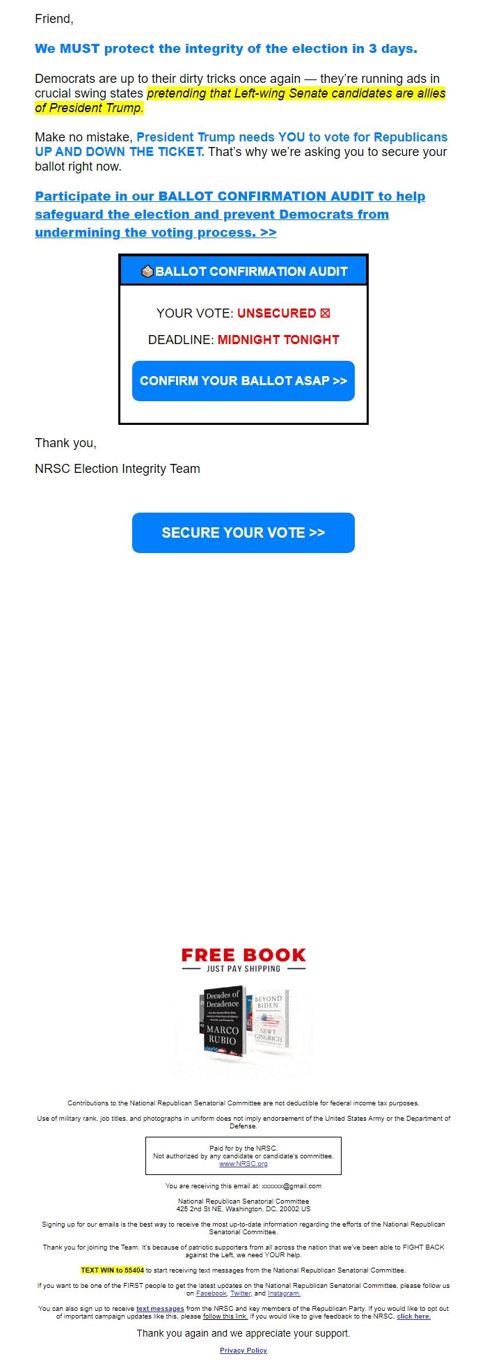 Screenshot of the email generated on import