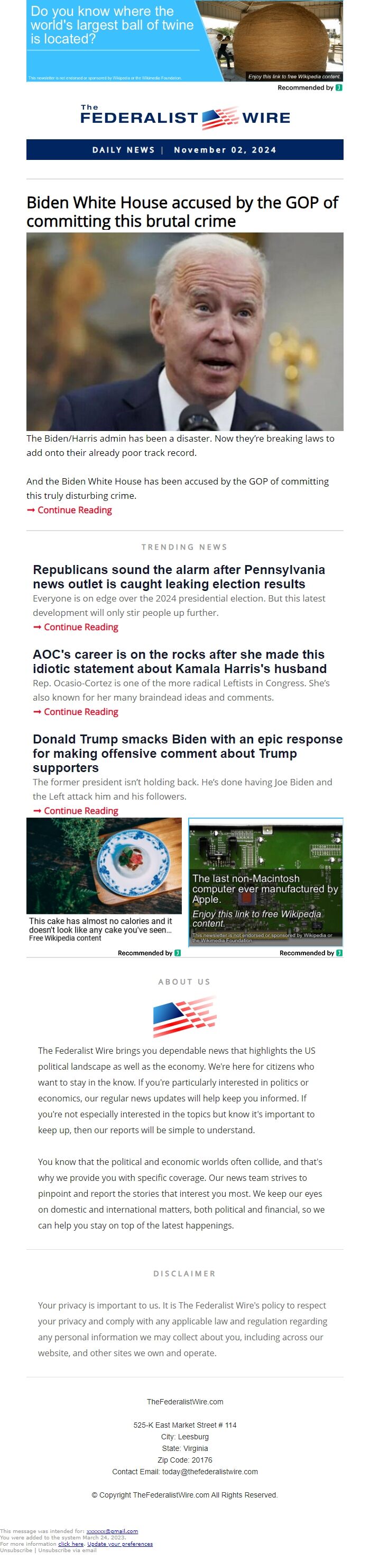 Screenshot of the email generated on import