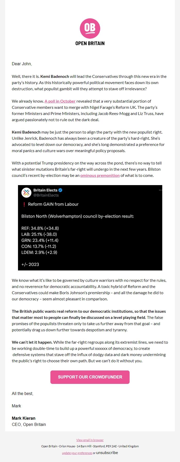 Screenshot of the email generated on import