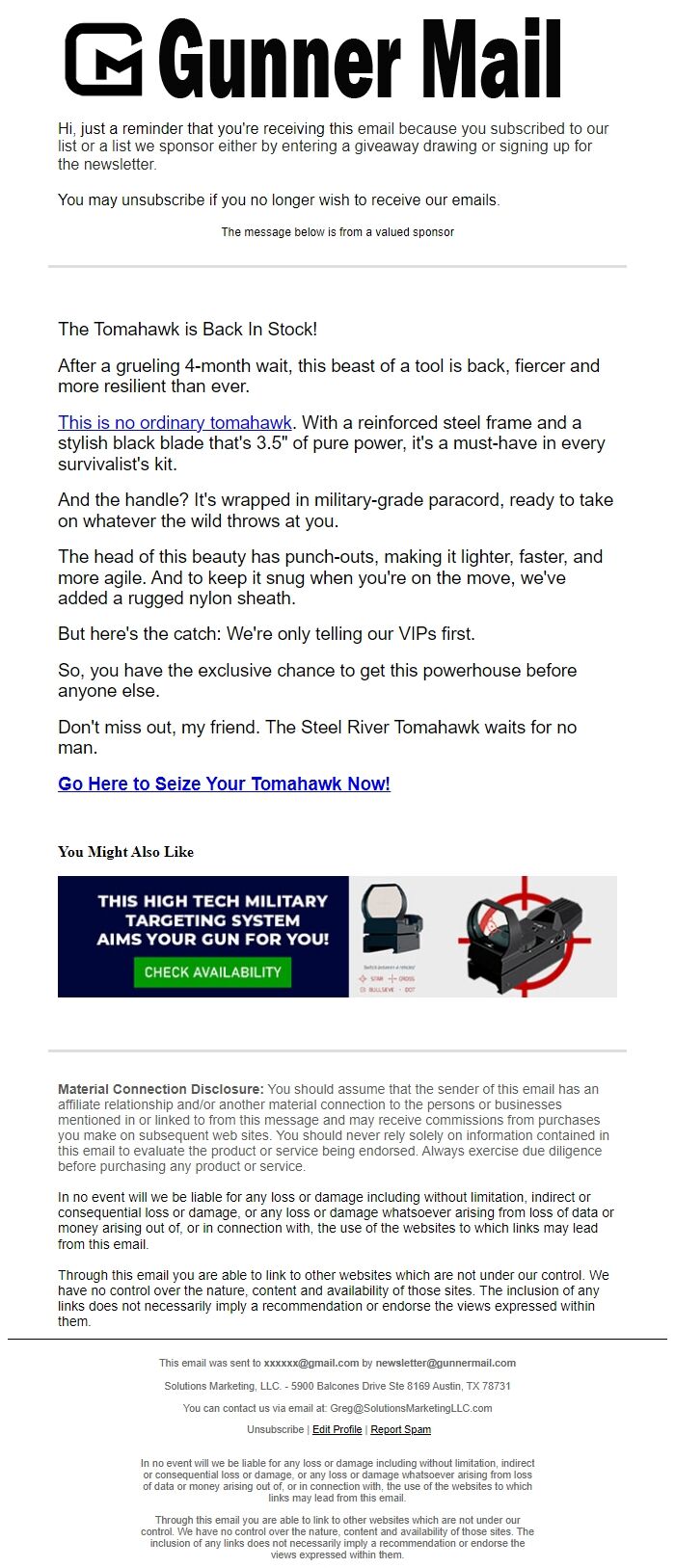 Screenshot of the email generated on import