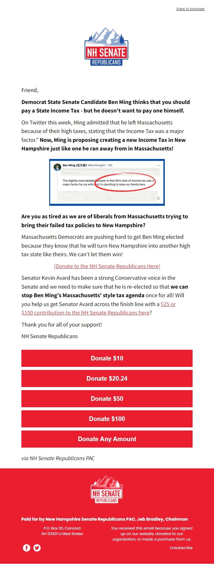 Screenshot of the email generated on import