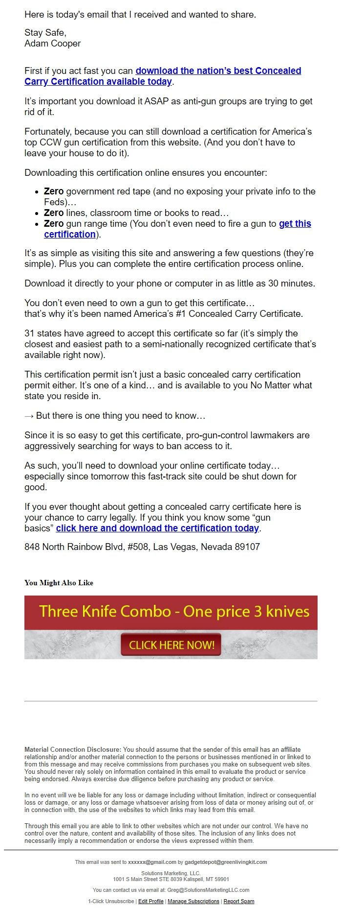 Screenshot of the email generated on import