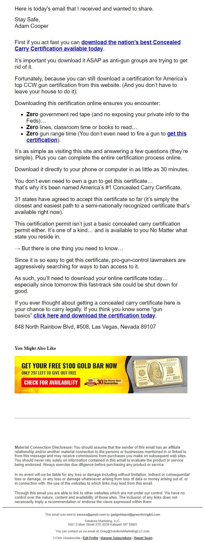 Screenshot of the email generated on import